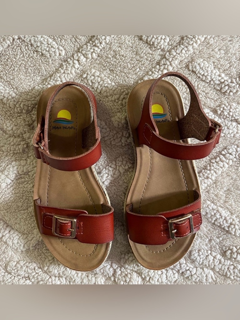 Girls Brown Flat Sandals - Fake Buckle Loop & Hook Multi Strap Sandals, Size 12